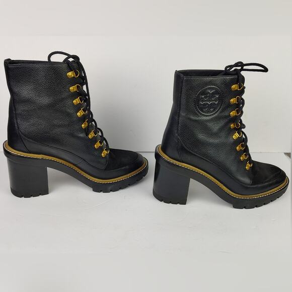 Tory Burch Miller 95mm Lug Sole Lace Up Bootie Black Hiking Boot Size 9.5 - Picture 3 of 14